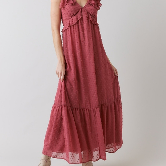 Francesca's Collections Dresses & Skirts - Francescas Ruffle Strap Clipdot Maxi Dress Rose Cutout Sleeveless Ruffle Sz L